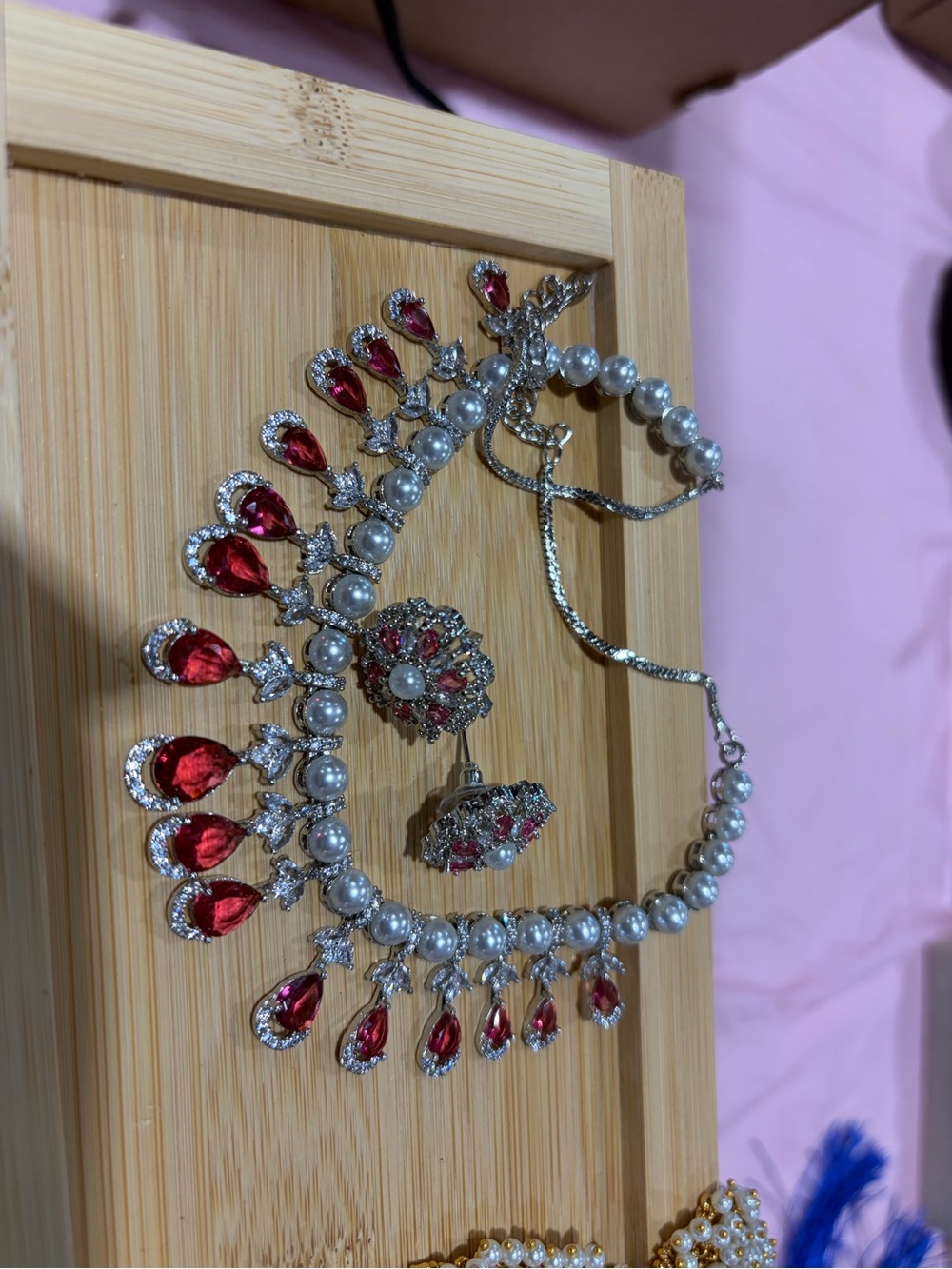 Pearl Necklace with Red Teardrop Crystal Accents